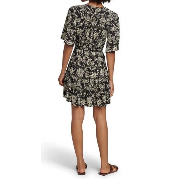 Faherty Tiered Mini Dress Sz S Boho Botanical Floral Tie Waist Button Front - Picture 8 of 11